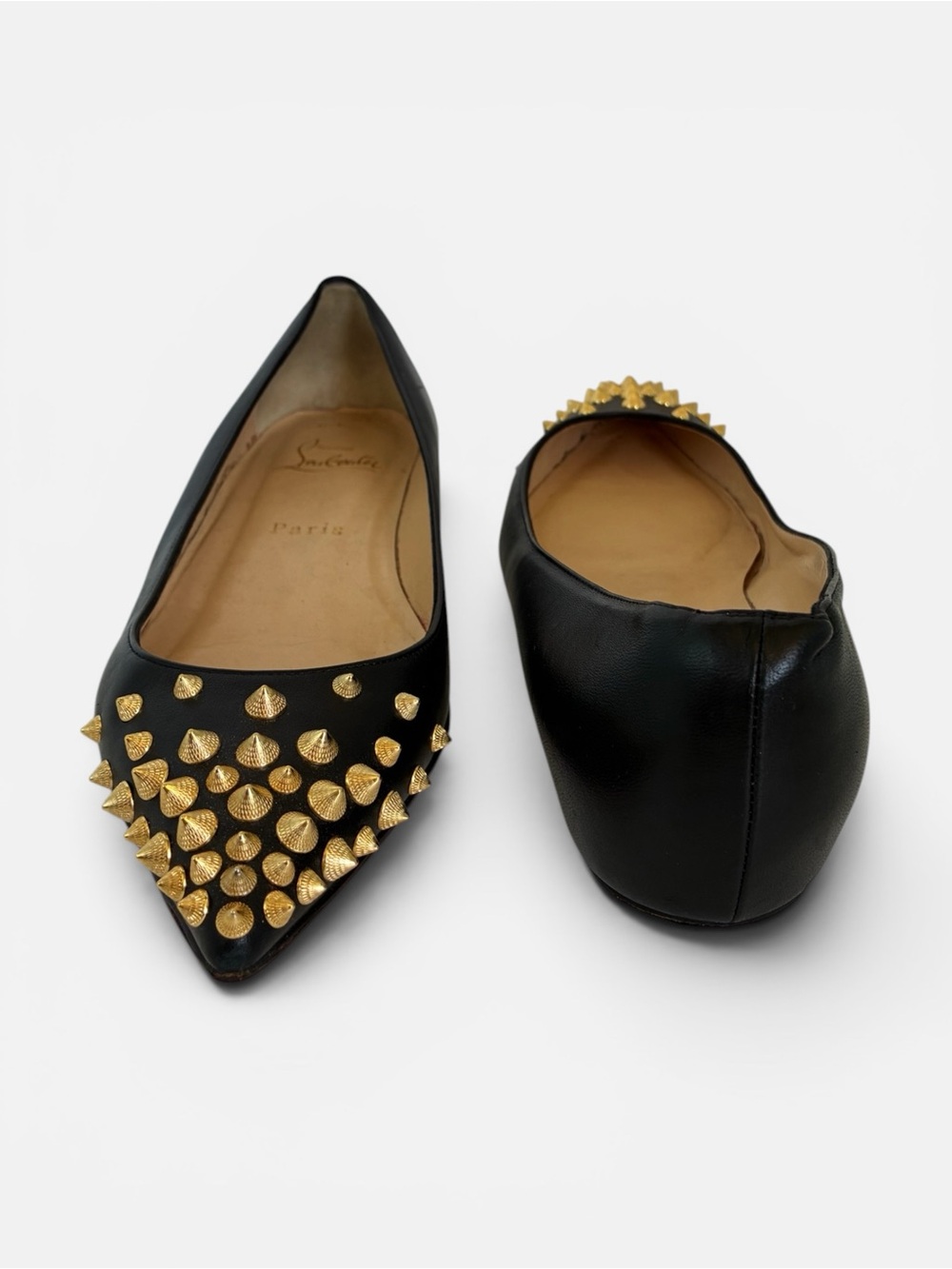 Christian Louboutin Black Leather Pointed Flats with Gold Spikes - Picture 4 of 7